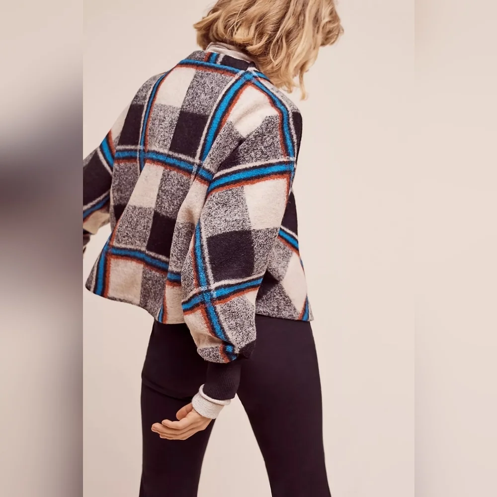 Anthroplogie Cartonnier Plaid Demero Swing Jacket Wool Blend XS Small Black Blue - Picture 3 of 7